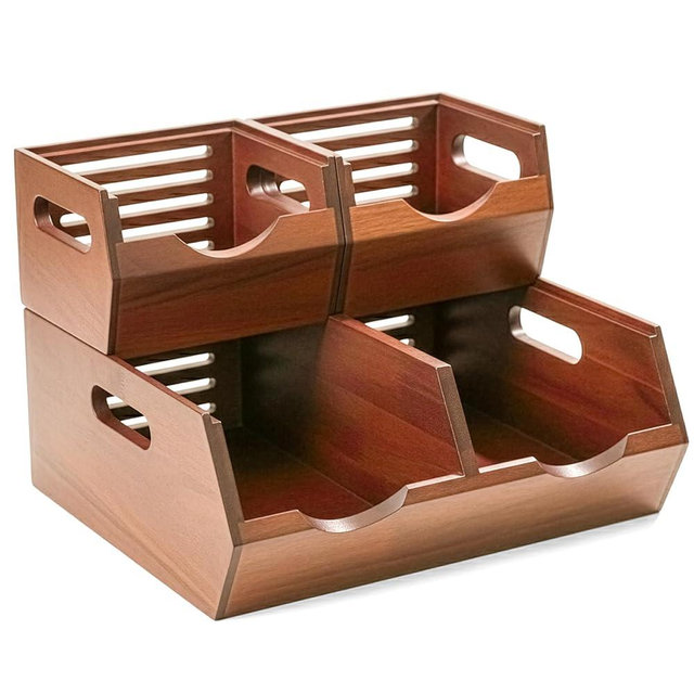 HOMESTEAD Stackable Solid Wood Storage Bins for Kitchen Pantry & Countertop, Ventilated Potato and Onion Basket Organizer with Handles, Wooden Produce Storage Containers, 3-Pack, Chestnut Finish