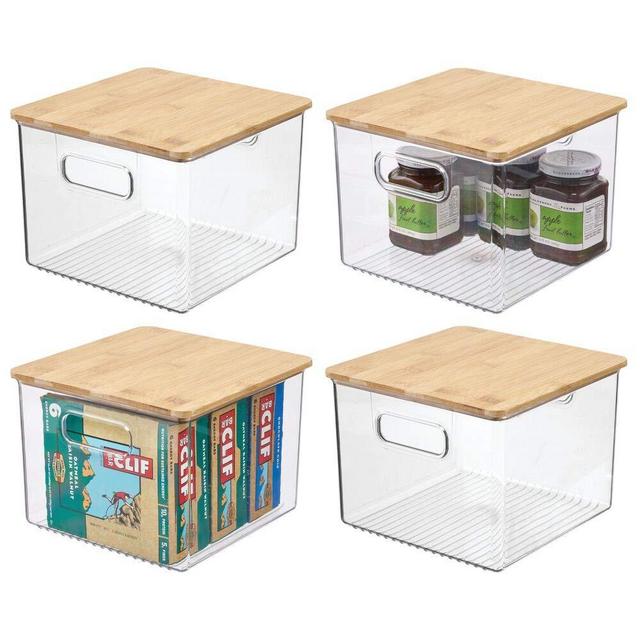 mDesign Plastic Stackable Kitchen Pantry Cabinet, Food Storage Bin Box with Handles, Lid - Organizer for Packets, Jars, Snacks, Pasta - 4 Pack - Clear/Bamboo Lid