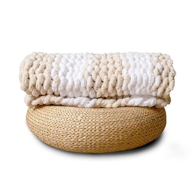 Adyrescia Chunky Knit Blanket Throw | 100% Hand Knit with Jumbo Chenille Yarn (50"x60", Oatmeal and White Stripes)