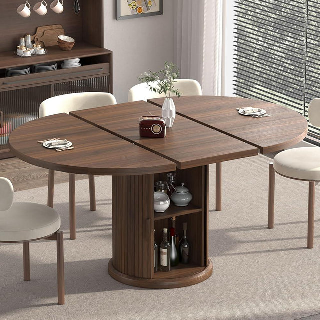 Fabulcozy 47.2–63" Extendable Round Dining Table, Seats 4–6, Oval Expandable Table with 2‑Tier Storage Shelf, Space‑Saving Kitchen & Dining Room Table for Small Apartments, Walnut