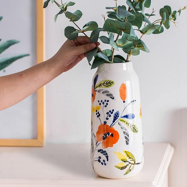 SeedWave Hand-Painted Ceramic Flower Vase, Decorative Floral Vase for Home Décor, Unique White Vase for Living Room, Bedroom, Office, Shelf, Centerpiece, Table and Wedding