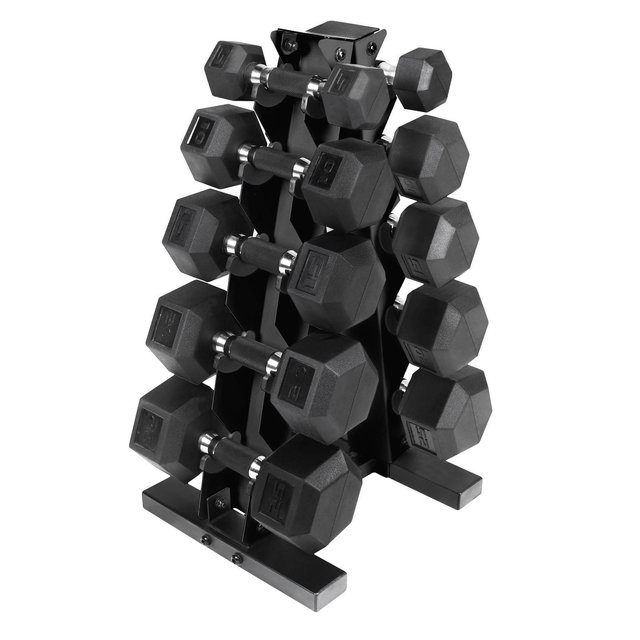 CAP Barbell 150lb Comfort Grip Rubber Encased Hex Dumbbell Set with Rack