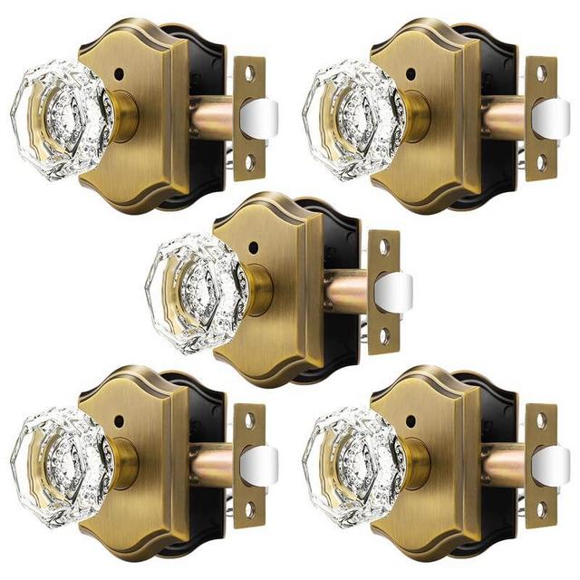 Orger Octagonal Crystal Door Knobs 5 Pack, Interior Privacy Door Handle for Bed/Bathroom with Pin Lock Inside, Antique Bronze Vintage Rosette Door Knob with Heavy Duty Genuine Glass