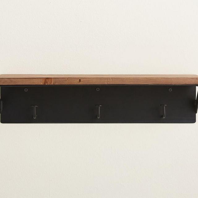 Trenton Shelf with Hooks, Bronze Metal/Rustic Wood, 18"W