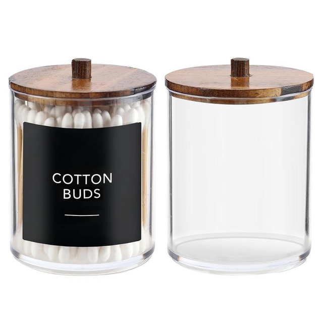 Temoyj 2 Pack Qtip Holder Dispenser with Wood Lids - 10 oz Clear Plastic Apothecary Jar Containers for Vanity Makeup Organizer Storage - Bathroom Accessories Set for Cotton Swab,Pads, Ball, Floss
