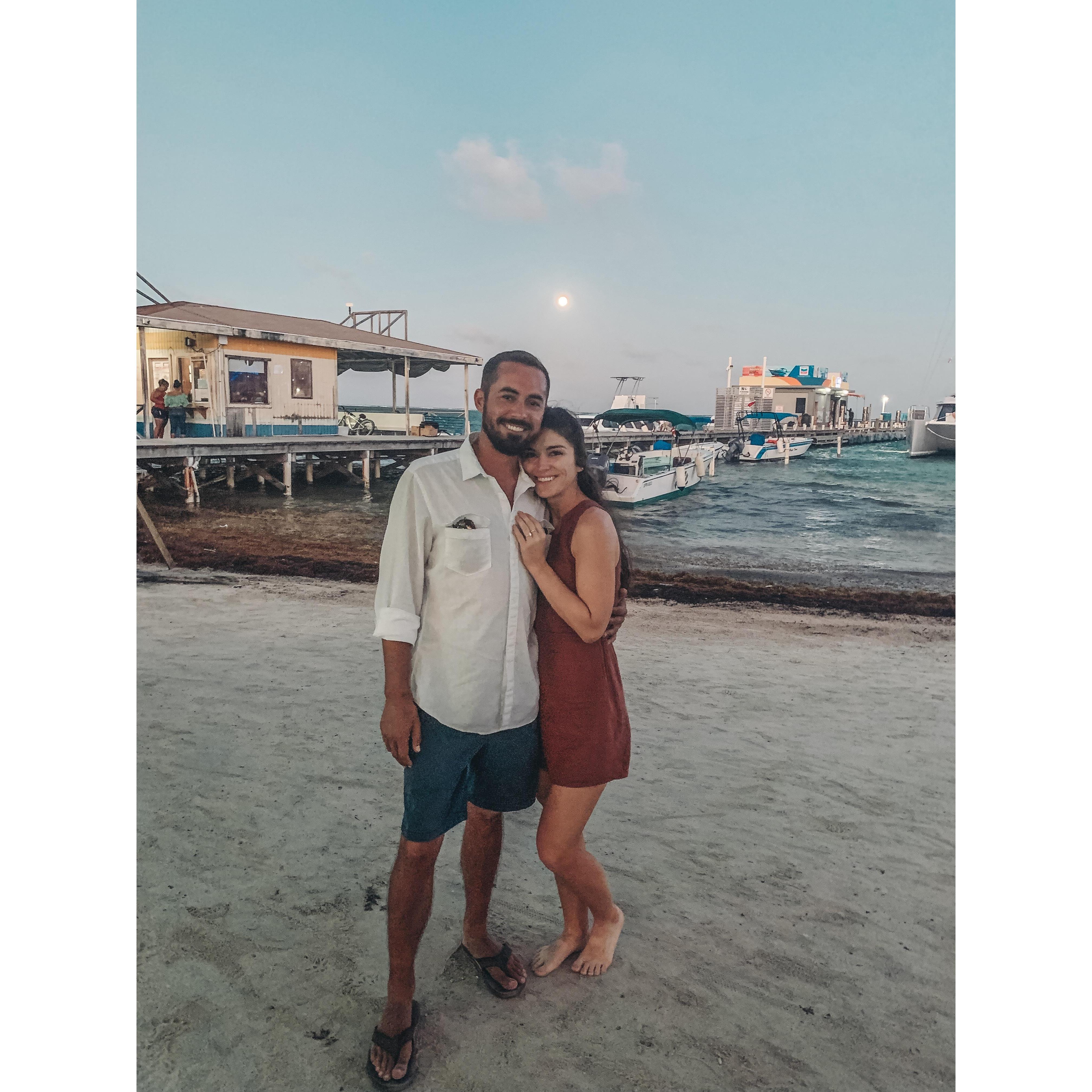 The night Lucas proposed. We were at a beach bar in San Pedro, Belize. I had no idea it was going to happen and cried for 10 minutes (tears of joy).