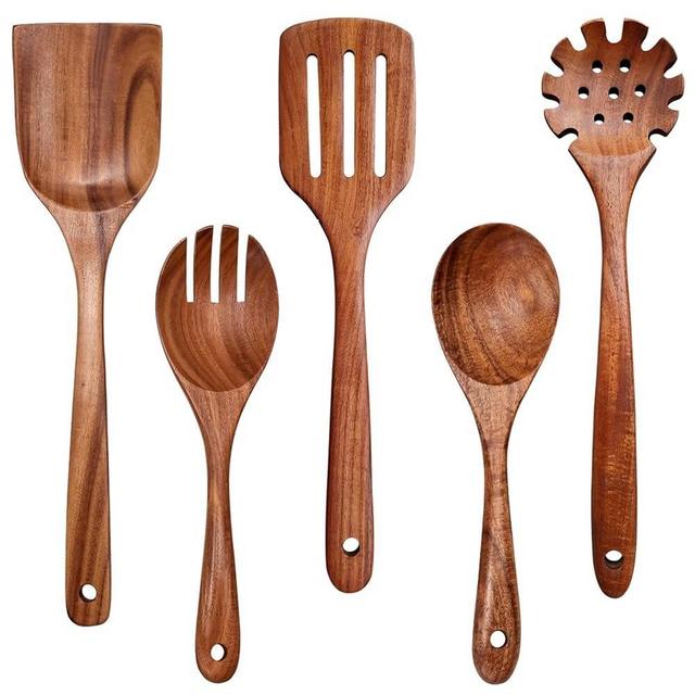 Wooden Spoons for Cooking Non-Stick Kitchen Pan Toolset 5 PCS Set,100%Natural Teak Kitchen Utensils Spatula, Wooden Cooking Utensils Spoons, Fried Spatula and Salad Fork, Pasta Spoon, Wooden Spoon Set