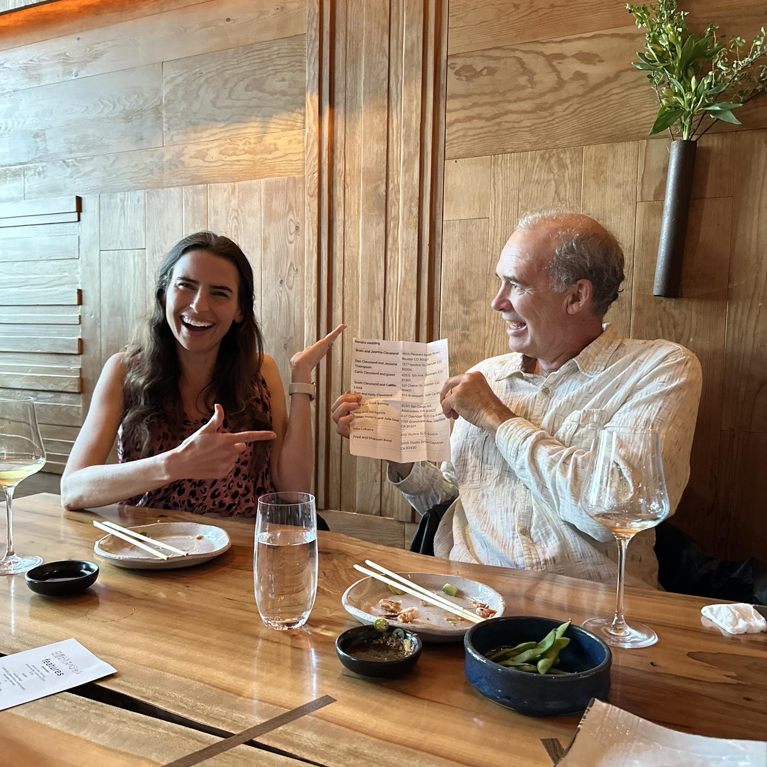 Dad presents his official wedding guest list on a paper printout, while I ponder efficient ways to transfer it into our planning software…