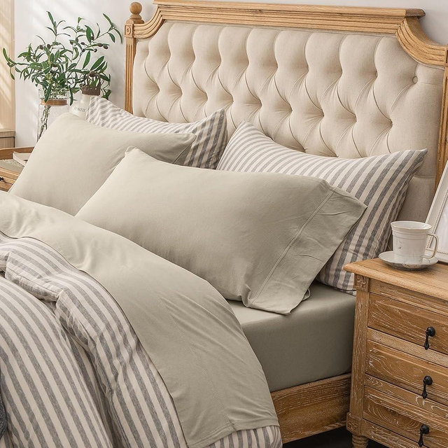 PURE ERA Jersey Knit 4pc Bed Sheet Set 100% T-Shirt Heather Cotton Super Soft Comfy Breathable Fits Mattress Up to 20" Extra Deep Pocket (Dark Beige,Cal King)