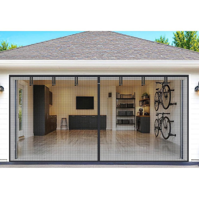 HOFUDON Garage Door Screen 16 ft x 8 ft for 2 Car Garage, Heavy Duty Fiberglass Magnetic Screen Door with Full Strip Magnets, Hands Free, 6 Roll Up Straps for Patio, Porch, Outdoor Gym