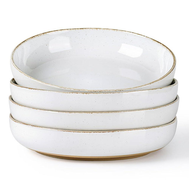 AmorArc 8.75'' Large Ceramic Pasta Bowls, 36oz Handpainted Stoneware Bowls Set of 4, Microwave&Dishwasher Safe Bowls with Wavy Rim&Rustic Terracotta Underside for Pasta Salad, White-Handbrush Rim
