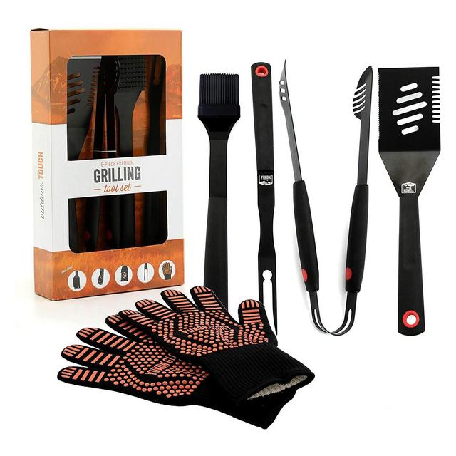 Yukon Glory Signature Edition 5 Piece Grilling Tools Set, Matte-Black Durable Stainless Steel BBQ Accessories, Includes Set of BBQ Gloves