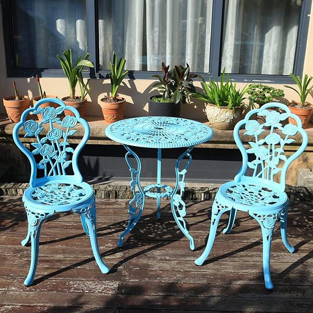Outdoor Furniture Bistro Set with Rose Pattern 1 Table 2 Chairs for Garden Patio Porch (Rose-Light Blue)