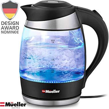 Mueller Premium 1500W Electric Kettle Water Heater with SpeedBoil Tech, 1.8 Liter Cordless with LED Light, Borosilicate Glass, BPA-Free with Auto Shut-Off and Boil-Dry Protection