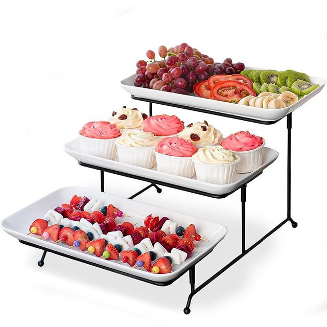Delling 3 Tier Serving Tray for Dessert Table Display Set, 12 inch Tiered Serving Stand with Serving Dishes for Entertraining, Collapsible Sturdier Stand, White Serving Platters for Party Display Set