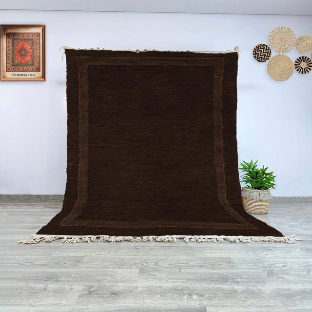 Authentic Moroccan Wool Rug, Hand Knotted Dark Brown Berber Carpet with Subtle Border, Elegant Neutral Style for Modern and Rustic Interiors