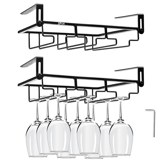 2Pcs Adjustable Wine Glass Rack Under Cabinet, Punch-Free 3 Rows Stemware Wine Glass Metal Holder, Hanging Wine Glasses Storage Hanger Organizer for Shelf Kitchen Bar Decor(3 Rows, Black)
