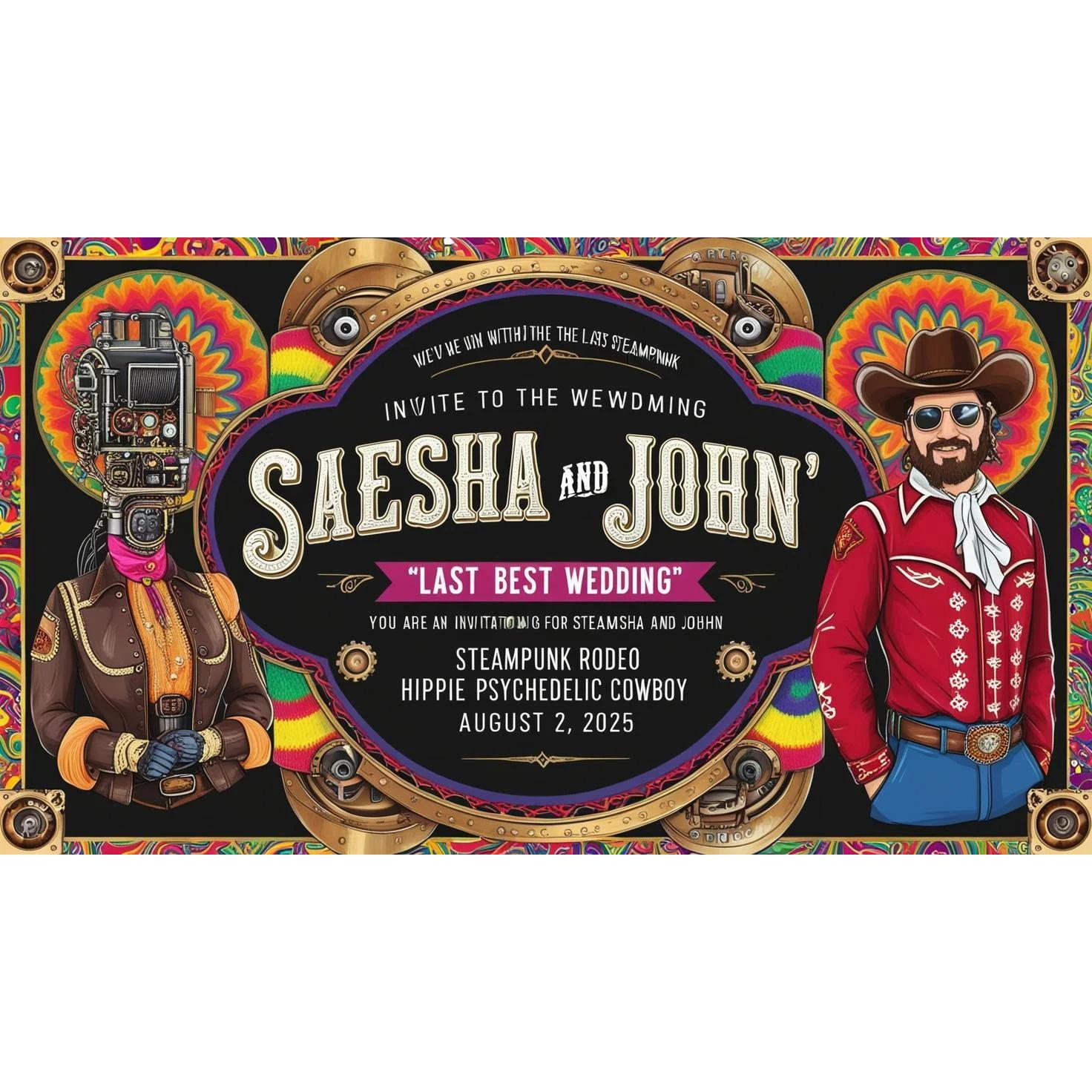 Our AI attempt at a psychedelic, hippie, steampunk, rodeo wedding!