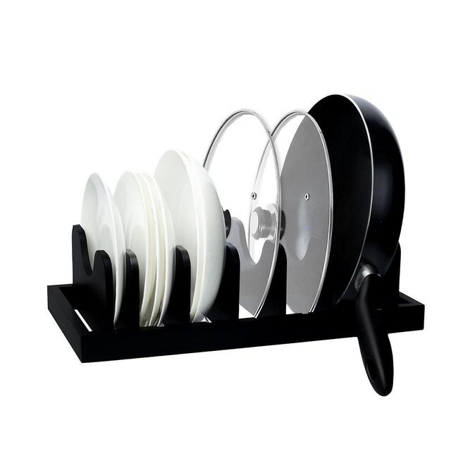 MinBoo Bamboo Pot Lid Organizer Pot Lid Holder, Pot and Pan Organizer Drawer Organizer for Pot Lids, Pans, Cutting Boards & Baking Sheets, Dinner Plates, Reusable Containers in Cabinet Storage,Black