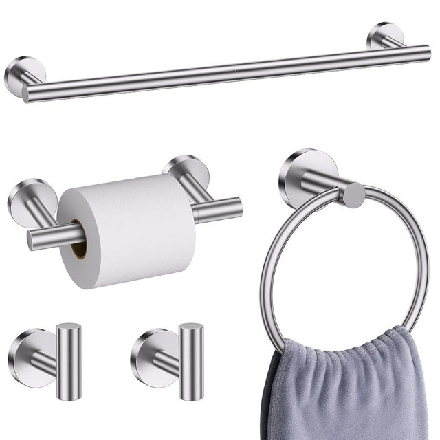 Brushed Nickel Bathroom Hardware Accessories Set, 5 Pieces Round Towel Bar Set Toilet Paper Holder Towel Rail Set for Bathroom Stainless Steel Wall Mounted Bathroom Set,23.6 in