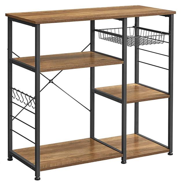 VASAGLE Kitchen Baker’s Rack, Coffee Bar, Microwave Oven Stand, with Steel Frame, Wire Basket, 6 Hooks, 35.4", Rustic Walnut