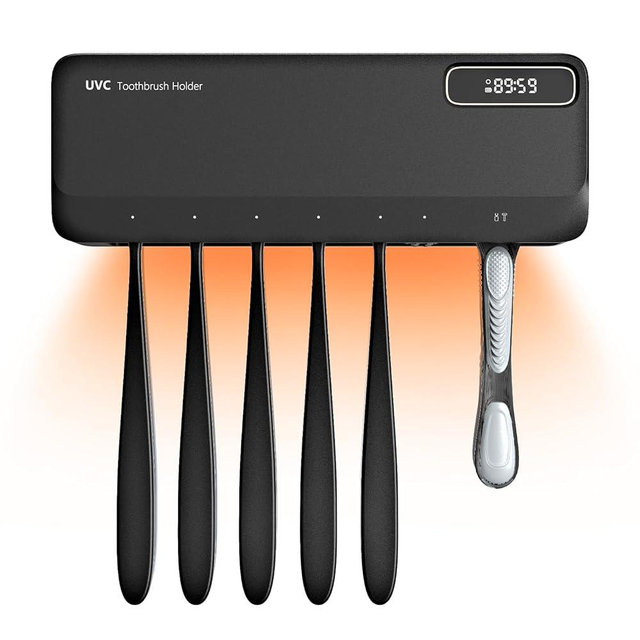 SwanKiss UV Toothbrush Sanitizer Holder, 5+1+1 Slots Portable Toothbrush Holder, Rechargeable Wall Mounted Tooth Brushing Holder with Heating Functions, Without Drilling (Black)