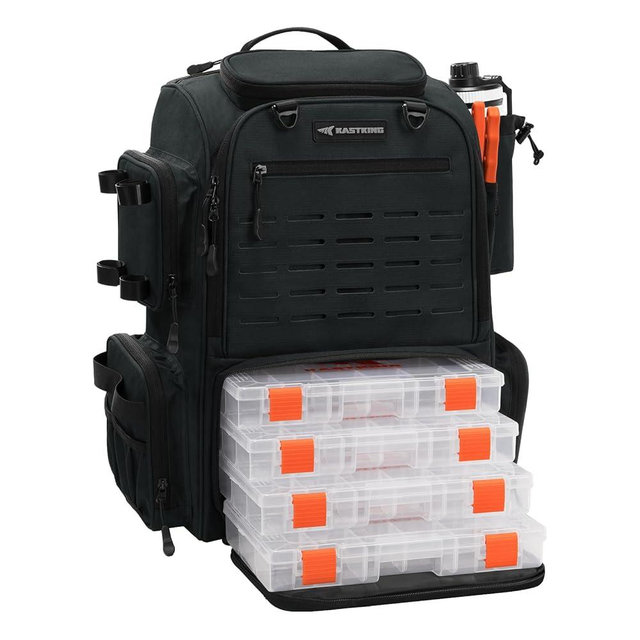 KastKing Bait Boss Fishing Tackle Backpack with Rod Holders-4 Tackle Boxes-Rain Cover,45/43L Large Storage for Fishing Gear