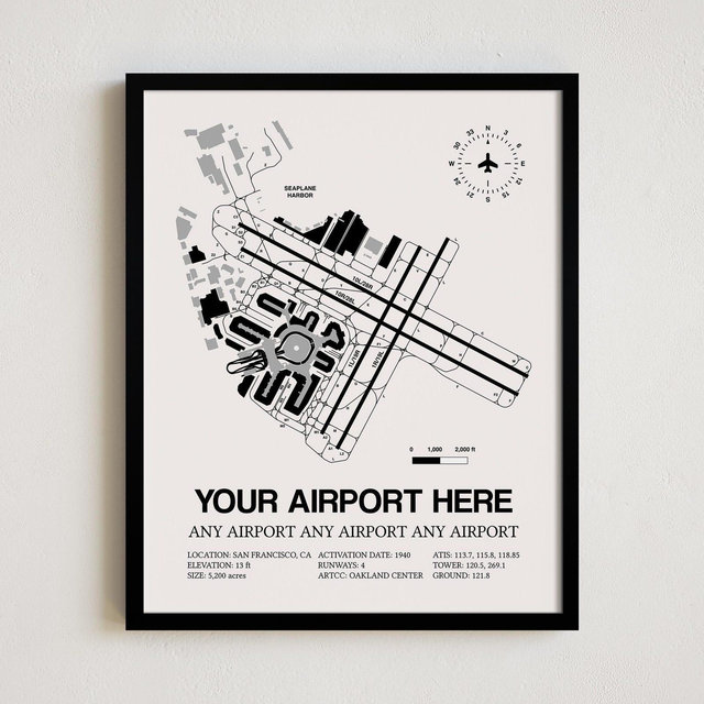 Custom Airport Map, ANY AIRPORT, Customizable Detailed Framed Print, Aviation Decor, Pilot Gift