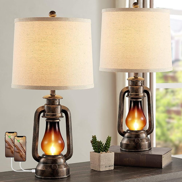 Farmhouse Rustic Table Lamps for Bedroom Set of 2, Vintage Lantern Lamp with Dual USB Charging Ports,25" Retro Antique Bedside Nightstand Desk Lamp for Living Room End Table Entryway, 4 Bulb Included