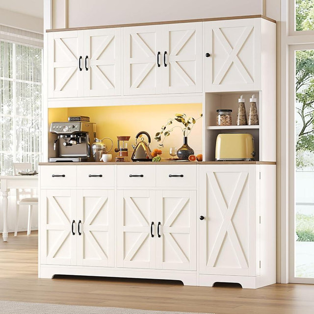Cozynome 71" Tall Kitchen Pantry with LED Lights & Charging Station, Farmhouse Storage Cabinet with 4 Drawers & 6 Cabinets, Modern Kitchen Hutch for Dining Room with Adjustable Shelves, White