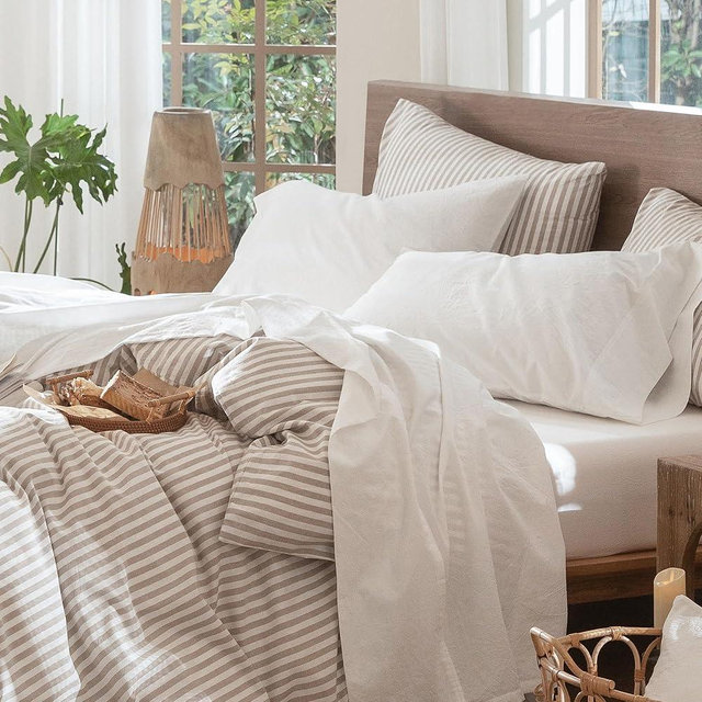 MooMee Bedding Sheet Set 100% Washed Cotton Linen Like Textured Breathable Durable Soft Comfy (Off White, Full)