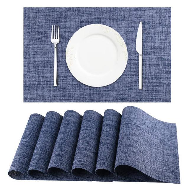 BETEAM Placemats, Heat-Resistant Placemats Stain Resistant Anti-Skid Washable PVC Table Mats Woven Vinyl Placemats, Set of 6(Blue)