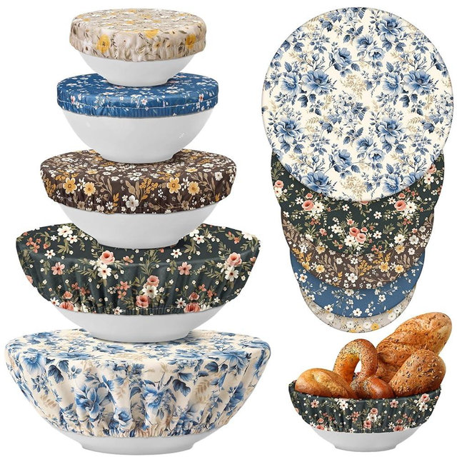 Patelai 10 Pcs Bowl Covers Reusable in 5 Size Stretch Cloth Fabric Elastic Food Storage Bowl Covers Bread Sourdough Lids for Proofing Food Fruits Leftover(Dark Color,Floral Print Style)