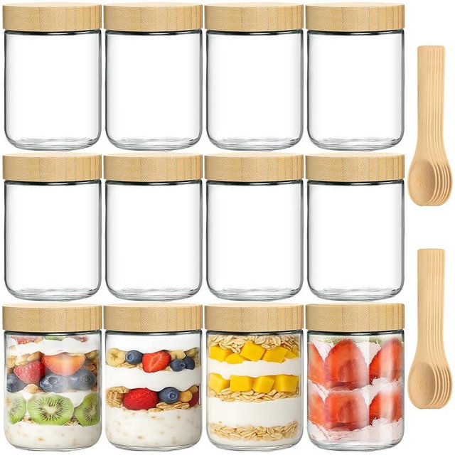 TBWIND 12 Pack 16oz Glass Jars with Bamboo Lids, Spoons, Airtight Overnight Oats Containers, Salad& Yogurt Storage, Mason Jars for Snacks, Spices, Meal Prep – Reusable