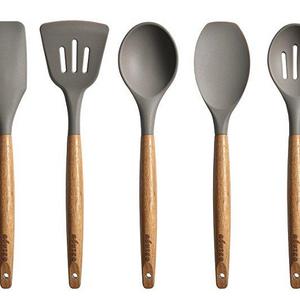 Miusco 5 Piece Silicone Cooking Utensil Set with Natural Acacia Hard Wood Handle