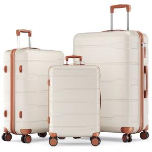 BEIGE Holiday Travel Gift Set – 3-Piece PC+ABS Hardshell Luggage Set (20″ + 24″ + 28″) with Spinner Wheels, TSA Lock – Black Friday & Christmas Deal
