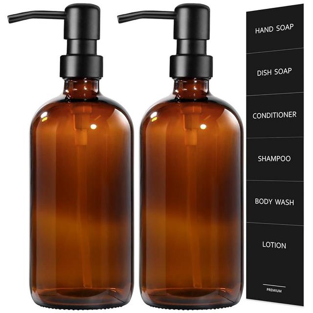 GMISUN Amber Glass Soap Dispenser, 2 Pack Bathroom Hand Soap Dispenser with Stainless Steel Pump, 16 Oz Kitchen Hand and Dish Soap Dispenser Set, Modern Vintage Liquid Brown Soap Dispensers Bottle