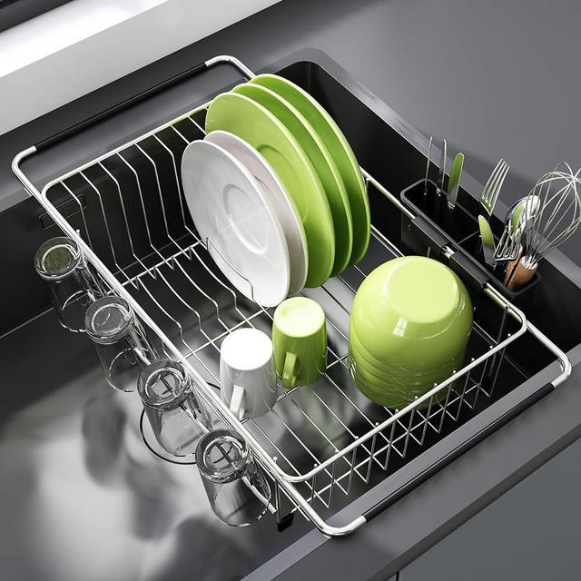 JASIWAY Dish Drying Rack in Sink - Expandable Stainless Steel Dish Drainers for Kitchen Counter, Dish Dryer Rack for Inside Sink, Over The Sink Dish Racks with Utensil Holder, Silver