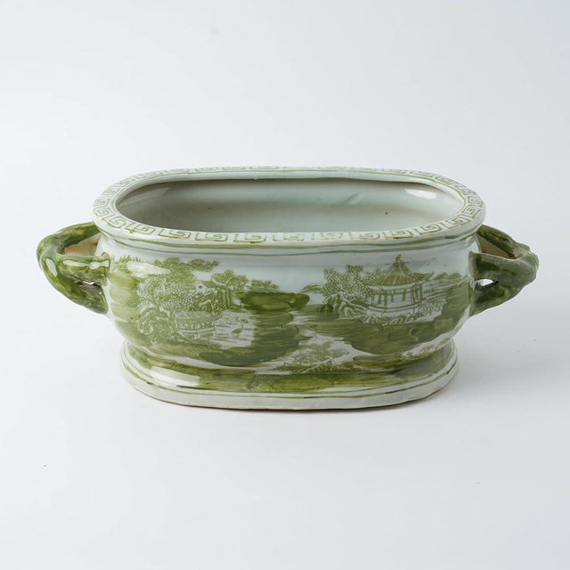 XIGGJYL JINDEZHEN Vintage Blue and White Flower & Birds Porcelain Footbath Planter Chinoiserie Scenery Motif Ceramic Flower Pot (Green)
