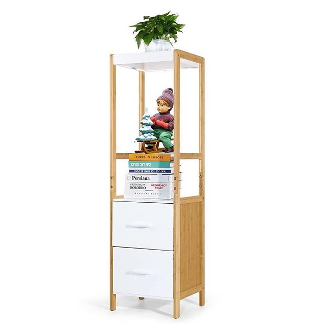 HYNAWIN Bamboo Storage Cabinet, Free Standing Shelf Rack with 2 Drawers, Floor Cabinet Use for Bathroom, Living Room, Bedroom, Kitchen