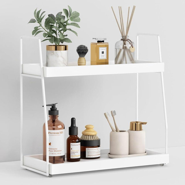 Forbena White 2 Tier Bathroom Organizer Countertop, Counter Organizer for Bathroom Decor, Modern Sink Organizer Shelf for Vanity Storage, Organizer Tray for Makeup Bedroom (White)