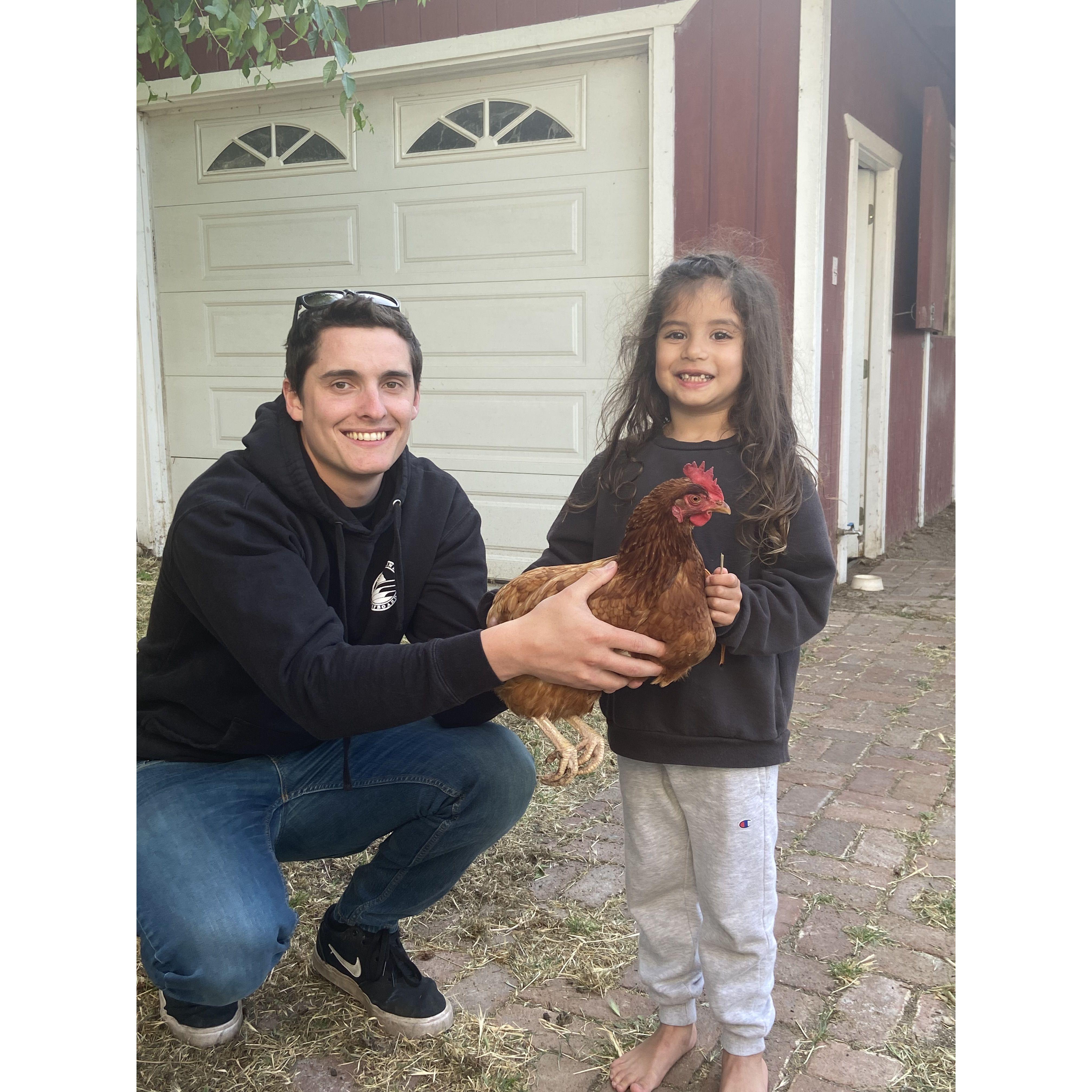 Alex teaching Ashley's niece how to hold a chicken
