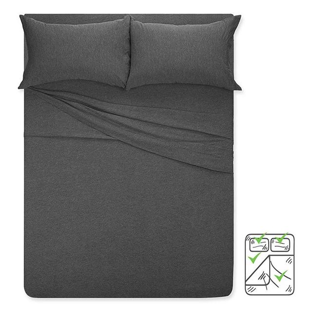 Jersey-Bed-Sheet-Set-Queen,COSMOPLUS 4 pc Bed Sheets with up to 14" Deep Pocket ,Ultra Soft Comfortable,All Season T-Shirt Sheets Bedding,Heather Grey
