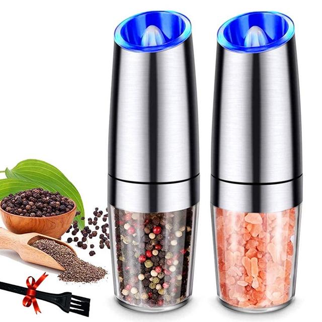 Pepper Grinder Set Automatic Pepper Gravity Electric Salt Mill Grinder Battery-Operated with Adjustable Coarseness, LED Light, One Hand Operated