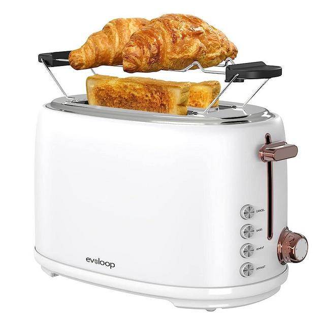 Evoloop Toaster 2 Slice, Stainless Steel Bread Toasters, 6 Bread Shade Settings, Reheat, Bagel, Defrost, Cancel Function, 1.5" Extra Wide Slots,with Removable Crumb Tray and Warming Rack (White)