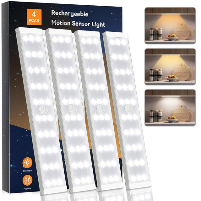 4 Pack Under Cabinet Lights, Rechargeable Motion Sensor Light Indoor Magnetic Closet Lights, Under Counter Lights for Kitchen, Wardrobe, Hallway, Stairs