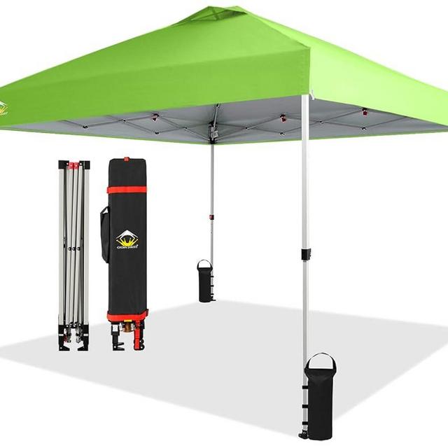 CROWN SHADES 10x10 Pop Up Canopy - Beach Tent with One Push Setup - Easy Outdoor Sun Shade for Events, Parties, Camping - Gazebo with STO-N-Go Cover Bag, Silver Coated Top, Green