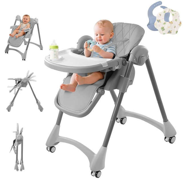 High Chairs for Babies and Toddlers, Foldable Baby High Chair with Removable Tray, Adjustable Backrest and Height, 6 in 1 High Chair with Lockable Wheels for Eating, Include 2 Bibs, Tool-Free Assembly