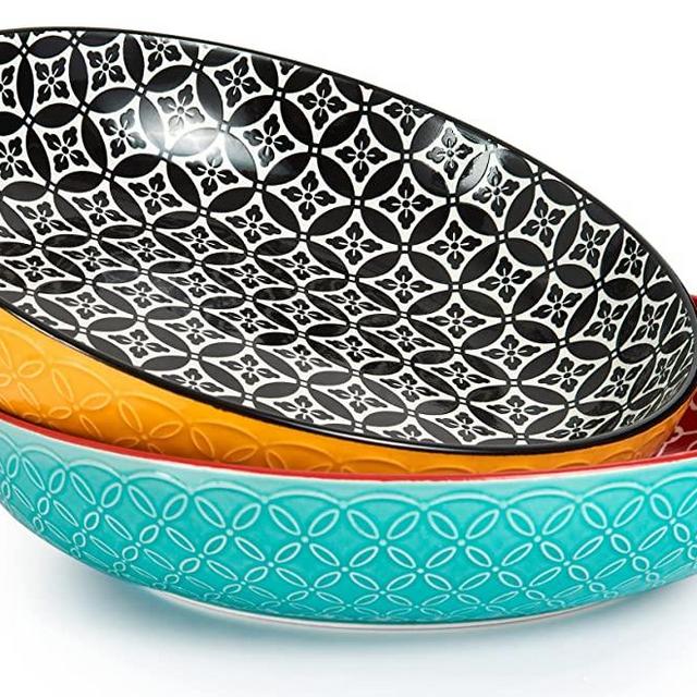 DOWAN 11.6" Large Serving Bowls, 2.9 Qt Mixing Bowls, Pasta Bowls Set of 2, Salad Serving Bowls, Ceramic Fruit Bowls for Kitchen, Serving Dishes for Entertaining, Vibrant Color Big Bowls for Party