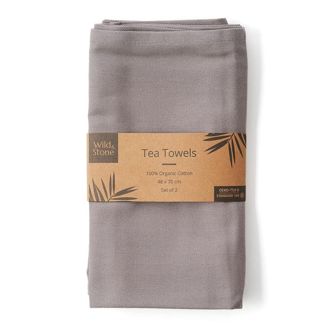 Wild & Stone | Organic Cotton Tea Towel | Herringbone Weave | Cotton Kitchen Towels | Set of 2 (Dove Grey)